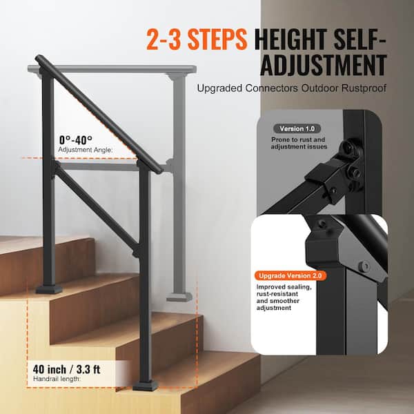 VEVOR Handrails for Outdoor Steps 2-3 Step Stair Hand Rail Kit Transitional Railings Black Tube 36.2 in. H 3.3 in. W Steel