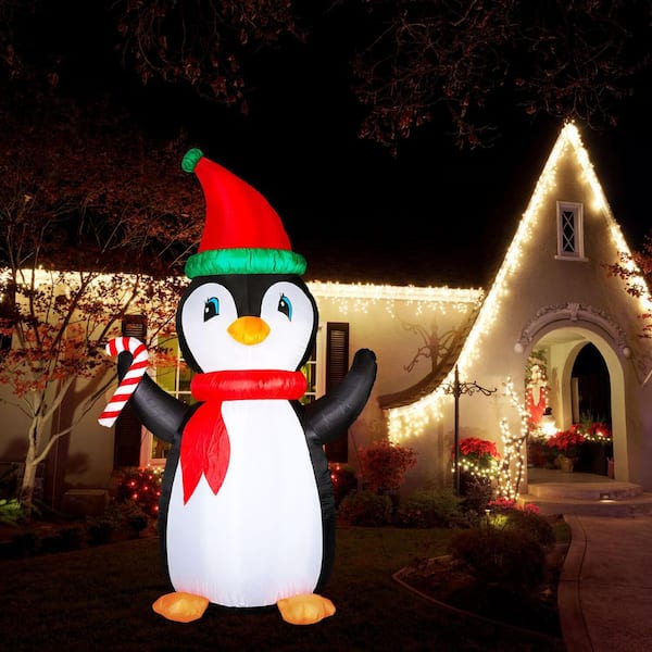 HOMCOM 8ft Christmas Penguin Inflatable - Outdoor Yard Decor With LED Lights & Candy Cane