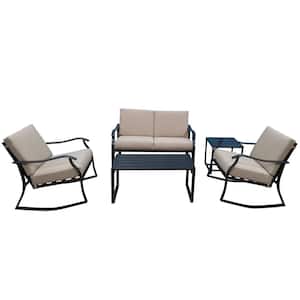 Black 5-Piece Metal Outdoor Sectional Set with Beige Cushions