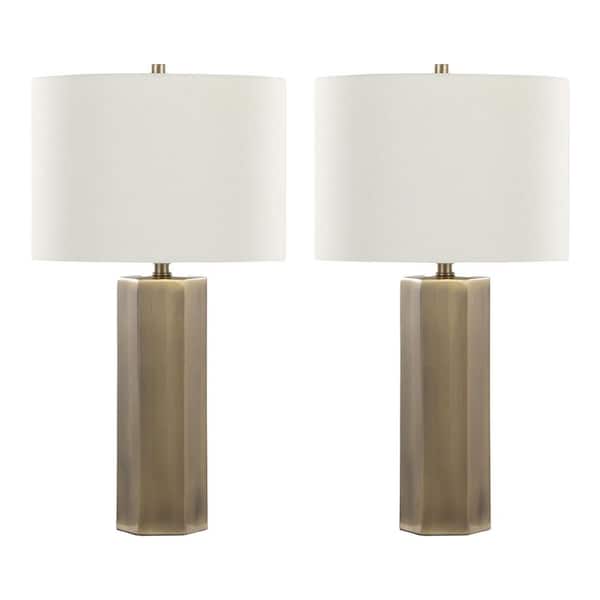 Huit 26 in. Antique Brass Metal and White Linen Shade Table Lamp (Set of 2)