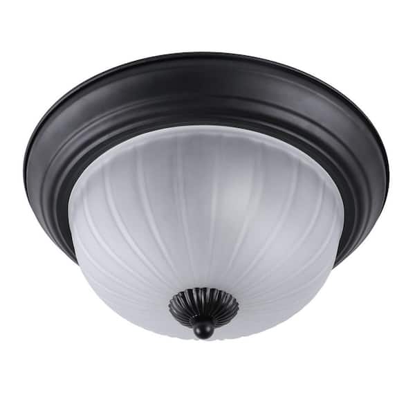 LamQee 11.8 in. 1-Light Black/Round Flush Mount Light with Glass Shade