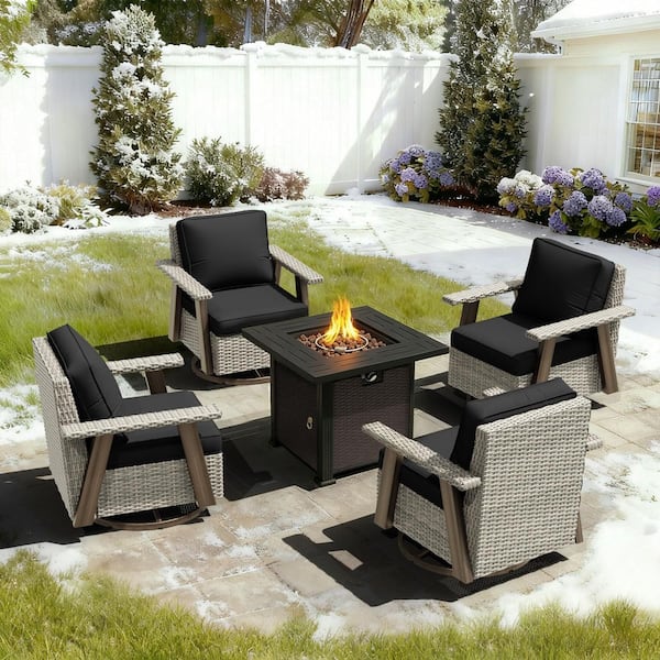5-Piece Wicker Outdoor Patio Fire Pit Conversation Set with Black Cushions 4 Swivel Chairs and 1 Fire Pit Table