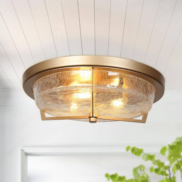 Uolfin Modern Farmhouse Circle Flush Mount Lighting, 3-Light Gold Transitional Round Ceiling Lights with Crackle Glass Shade