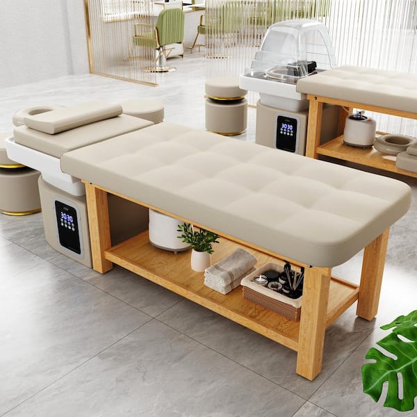 82 in. Beige PU Leather Stationary Head Spa Massage Table with Water Cycle and Steam-Wood Frame