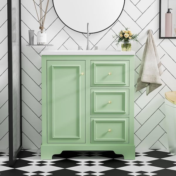 30 in. W Single Sink Freestanding Bath Vanity in Green with White Ceramic Top