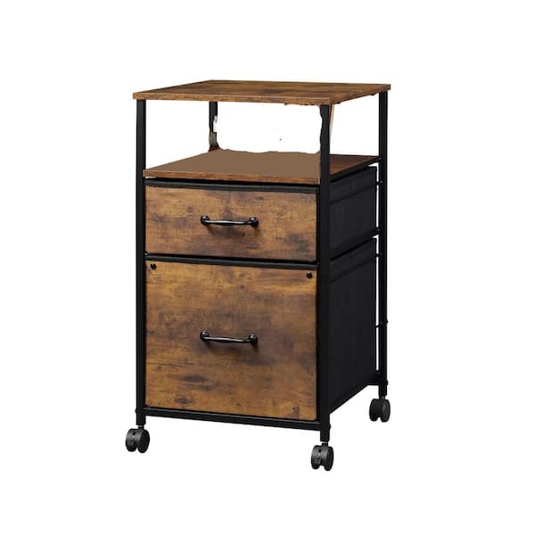 2 Drawer Mobile File Cabinet Rolling Printer Stand with Open Shelf A4 Letter Storage Rustic Brown Wood Grain