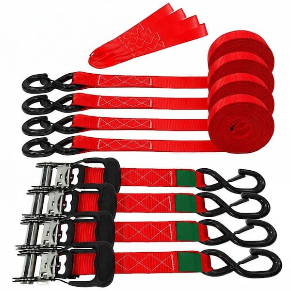 8 ft. x 1.5 in. Ratchet Tie Down Straps Heavy Duty 4 Pack 5208 lb. Break Strength S-Hook Soft Loop Motorcycle ATV Cargo