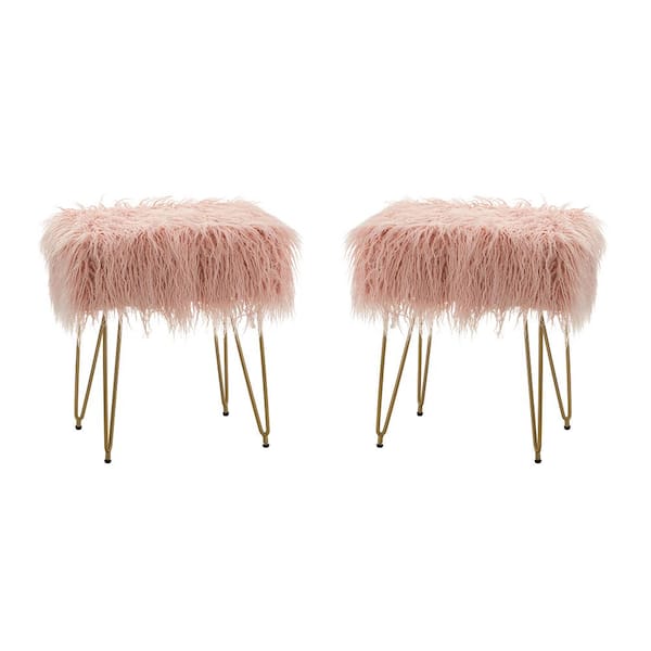 ARTFUL LIVING DESIGN Thoribia 15.8 in. Wide Pink Fur Ottoman with Metal Legs (Set of 2)