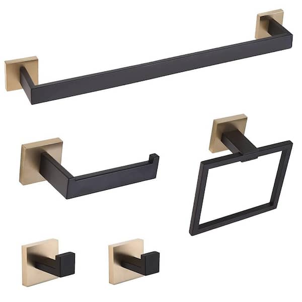 Interbath 5-Piece Bath Hardware Set with Towel Bar Toilet Paper Holder Double Towel Hook in Stainless Steel Black and Gold