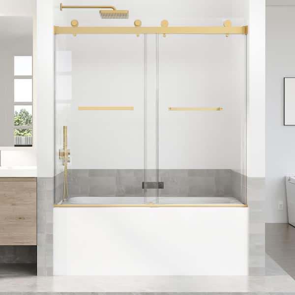 Opvande 56-60 in. W x 66 in. H Double Sliding Frameless Tub Door in Brushed Gold with 5/16 in. (8 mm) Tempered Clear Glass