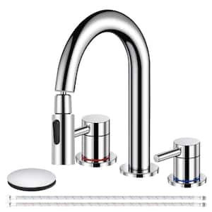 Bathroom Faucet with Pull Out Sprayer 3 Holes 8 in. 2 Handle, Vanity Faucet with Pop-Up Drain and Supply Hoses, Chrome