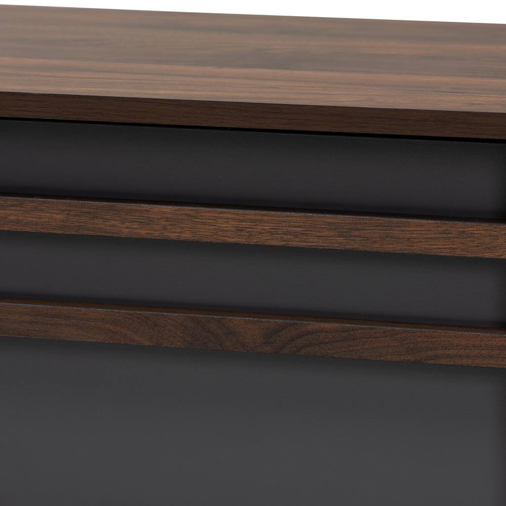 Gray and Walnut Wood TV Stand with Drop-Down Compartments