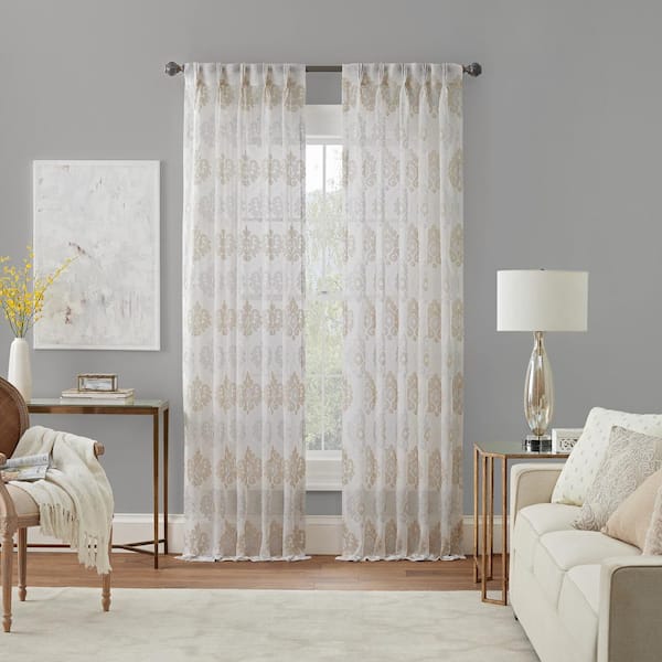 Waverly Velero White Medallion Pattern Polyester 50 in. W x 108 in. L Sheer Single Pinch Pleat Back Tab Curtain Panel