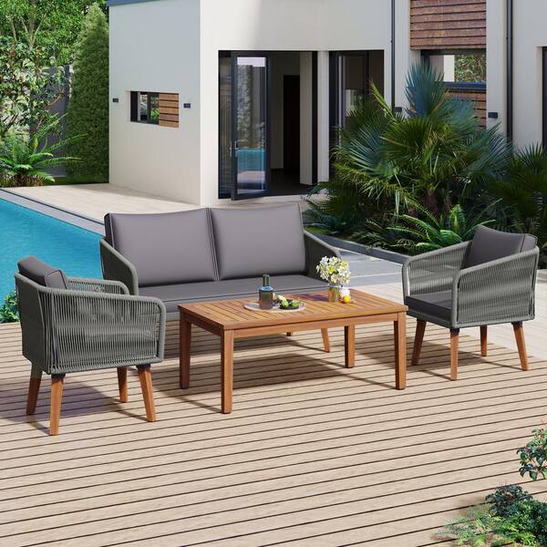 TANKY TRADING INC Set of 4 Sling Wooden Outdoor Sectional Sofa Set with Coffee Table and Cushions for Backyard Poolside Dark Grey