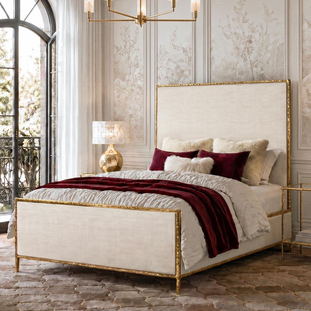 Zayen Modern Silver Hammered Stainless Steel Frame Queen Platform Bed With Upholstered Camelback