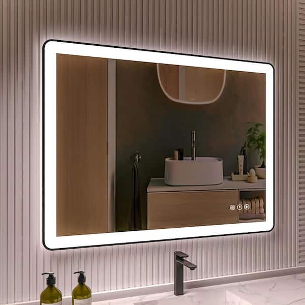 TOOLKISS 48 in. W x 36 in. H Rectangular Framed LED Anti-Fog Wall Bathroom Vanity Mirror in Black with Backlit and Front Light