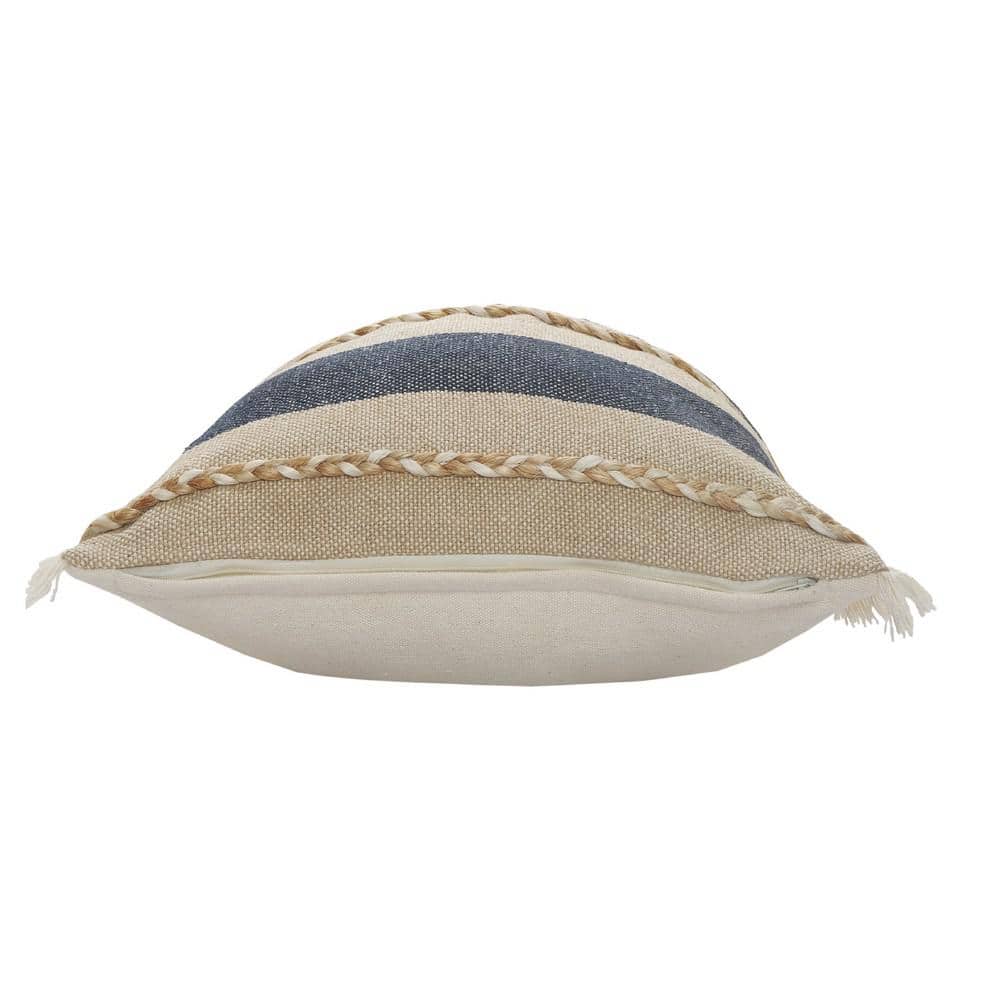 Denim and Tan Coastal Striped Jute Throw Pillow, 20" Square