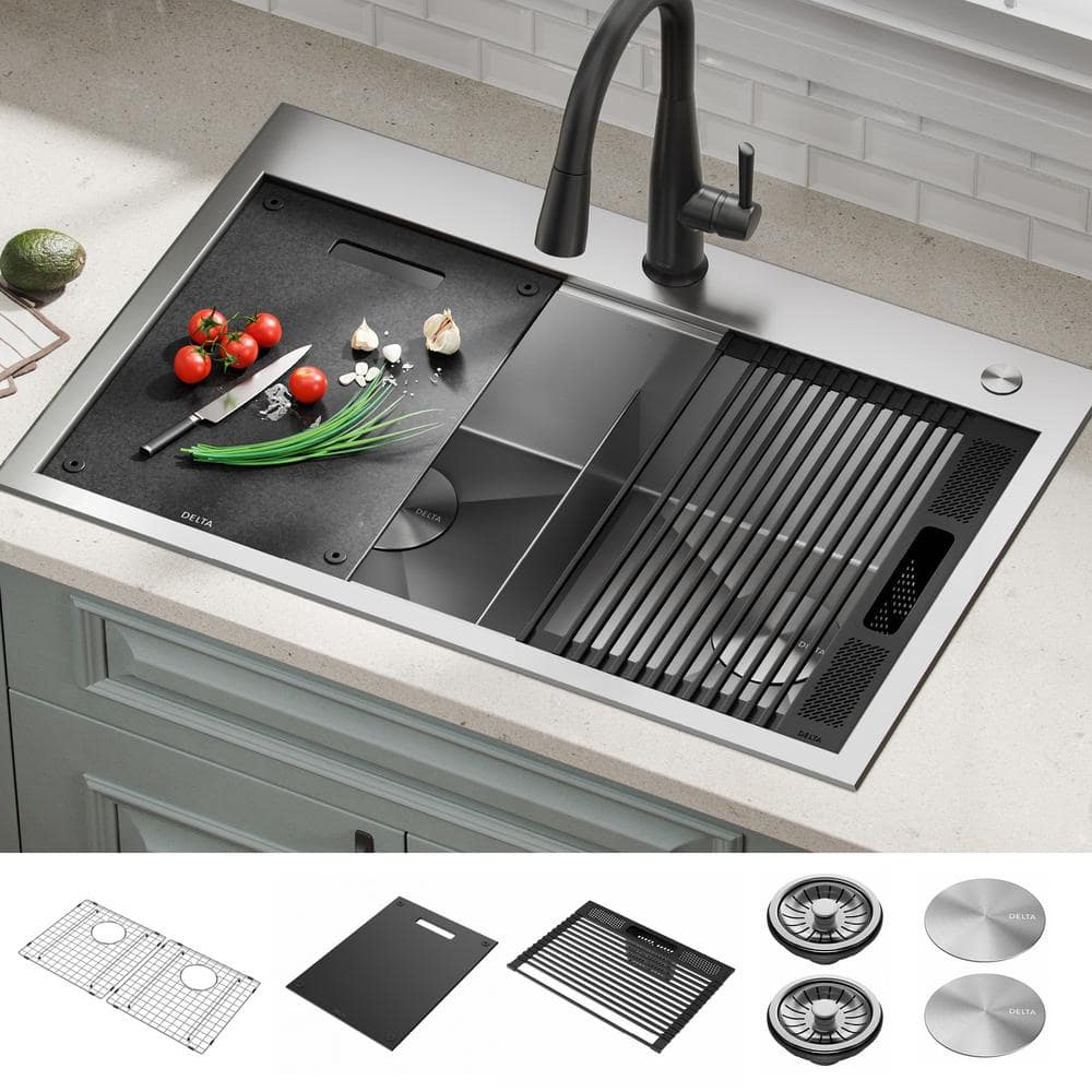 Delta Rivet 16 Gauge Stainless Steel 33 in. Double Bowl Drop-in Workstation  Kitchen Sink with WorkFlow Ledge and Accessories 95A931-33D-SS The Home  Depot