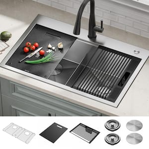 Rivet 16-Gauge Stainless Steel 33 in. Double Bowl Drop-In Workstation Kitchen Sink with WorkFlow Ledge and Accessories