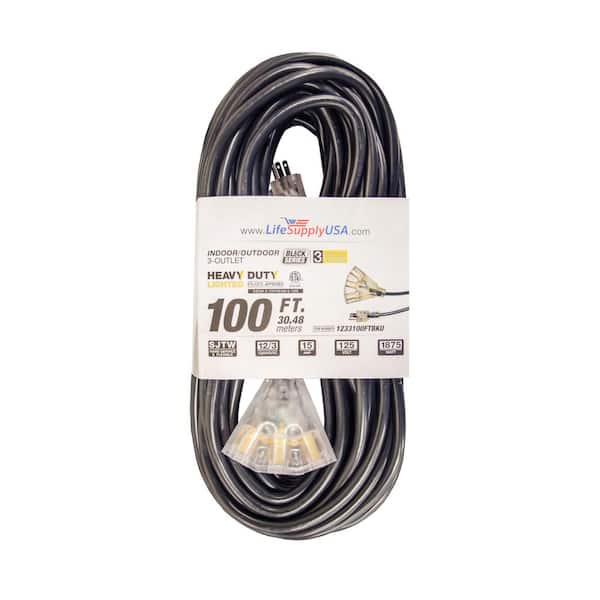LifeSupplyUSA 100 ft. 12 Gauge/3 Conductors, 3-Outlet 3-Prong, SJTW Indoor/Outdoor Extension Cord with Lighted End Black (1 Pack)