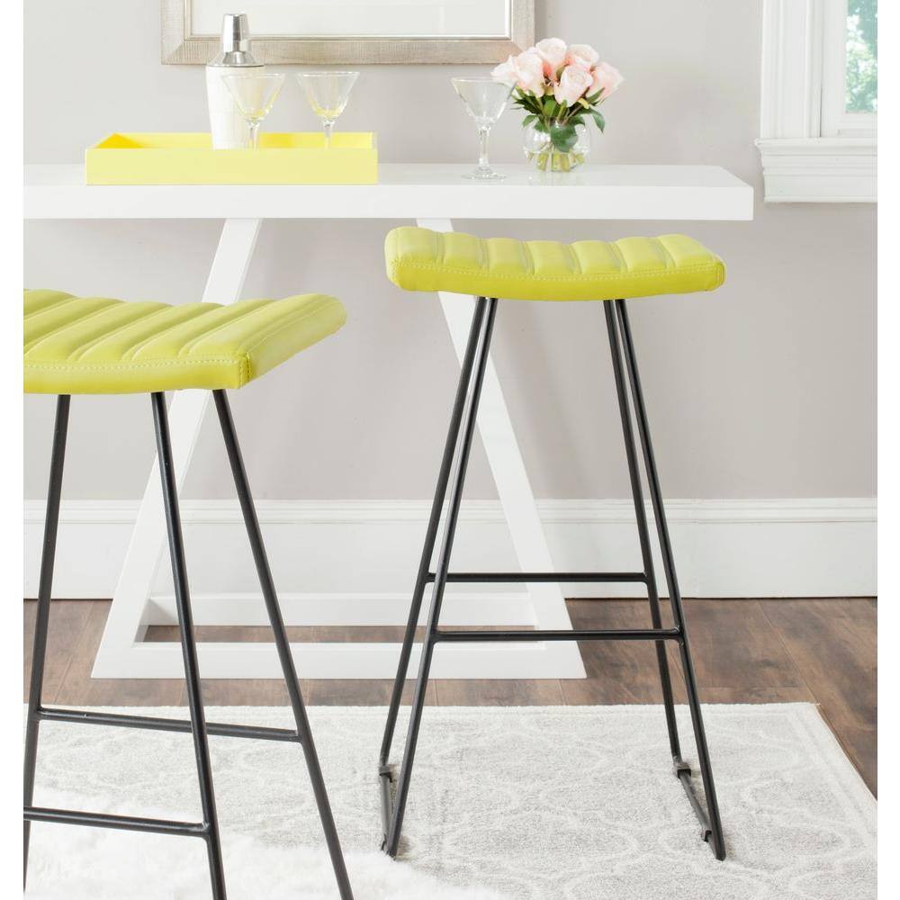 Citron Green Leather and Iron Backless Bar Stools, Set of 2