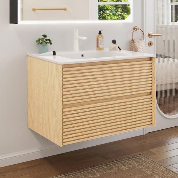 FAMYYT 30 in. W Floating Bathroom Vanity in Brown Walnut with White Ceramic Top