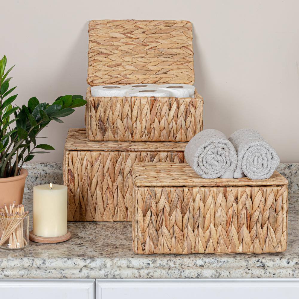 Natural Water Hyacinth Rectangular Storage Basket Set with Lids