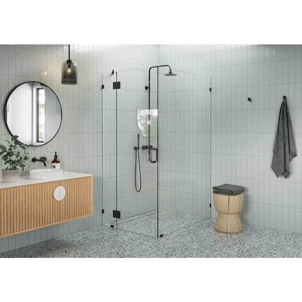Glass Warehouse 34 in. W x 44 in. D x 78 in. H Pivot Frameless Corner Shower Enclosure in Oil Rubbed Bronze Finish with Clear Glass