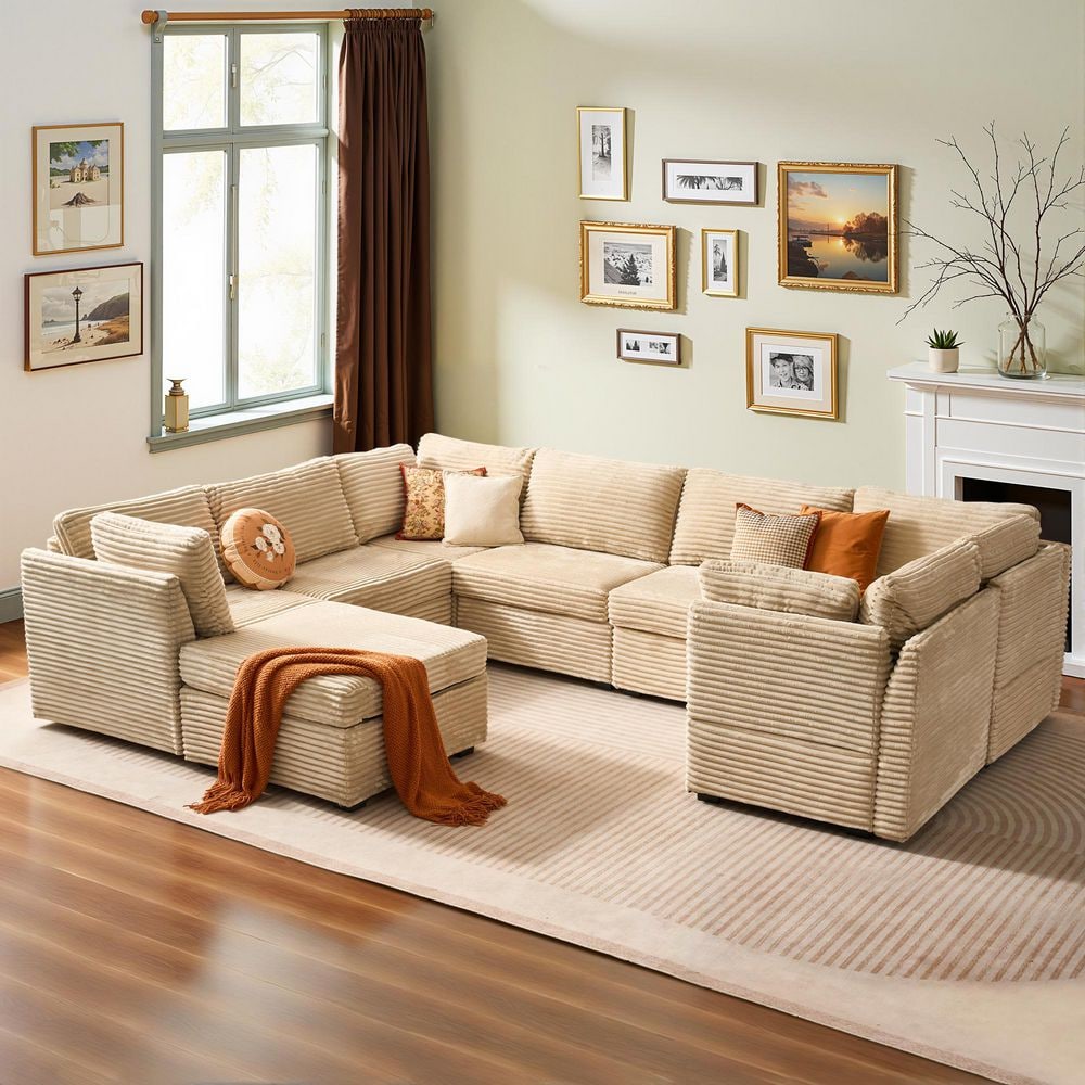 Cuke 127 in. Wide 8-Piece Modern Deep Seat Plush Corduroy U-Shape Modular Sectional Sofa Couch in Beige with Ottoman