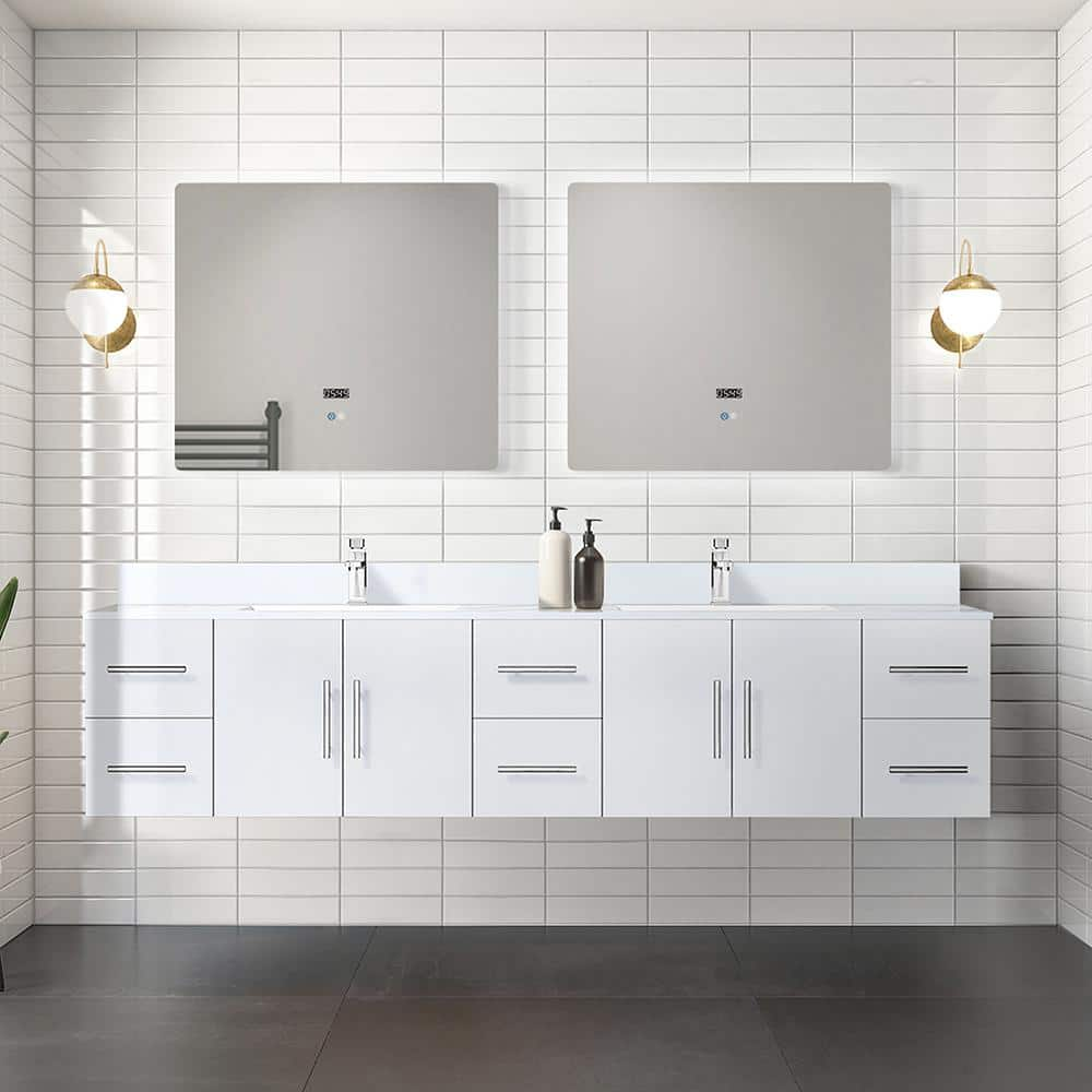 Geneva 84 in. W x 22 in. D Glossy White Double Bath Vanity, Cultured Marble Top, and 36 in. LED Mirrors -  Lexora, LVG84DM310