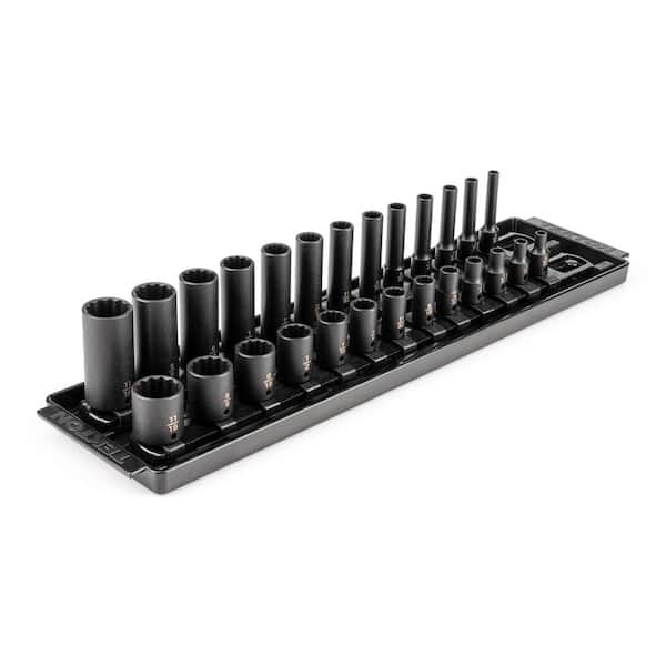 TEKTON 1/4 Inch Drive 12-Point Impact Socket Set with Rails and Tray, 26-Piece (5/32-11/16 in.)