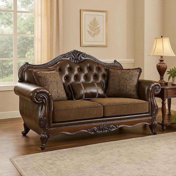 73.5 in. Cherry, Brown and Brown Faux Leather 2-Seater Loveseat