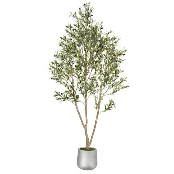 hykolity 7FT Artificial Olive Tree with Gray Planter, Artificial Plants with Natural Wood Trunk and Lifelike Fruits