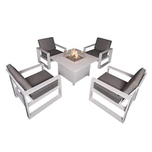 5-Piece Aluminum Patio Conversation Set with White 41.34 in. Fire Pit Table, Gray Cushion - 4 Armchair