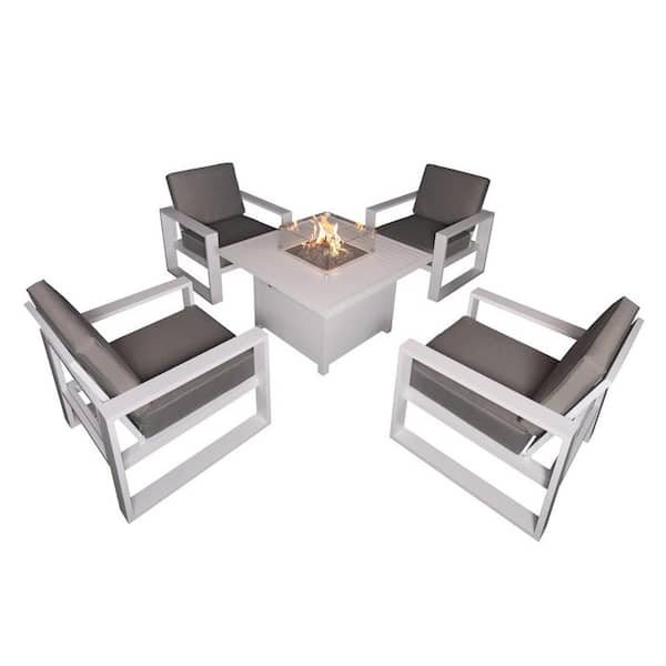 PATIOPTION 5-Piece Aluminum Patio Conversation Set with White 41.34 in. Fire Pit Table, Gray Cushion - 4 Armchair