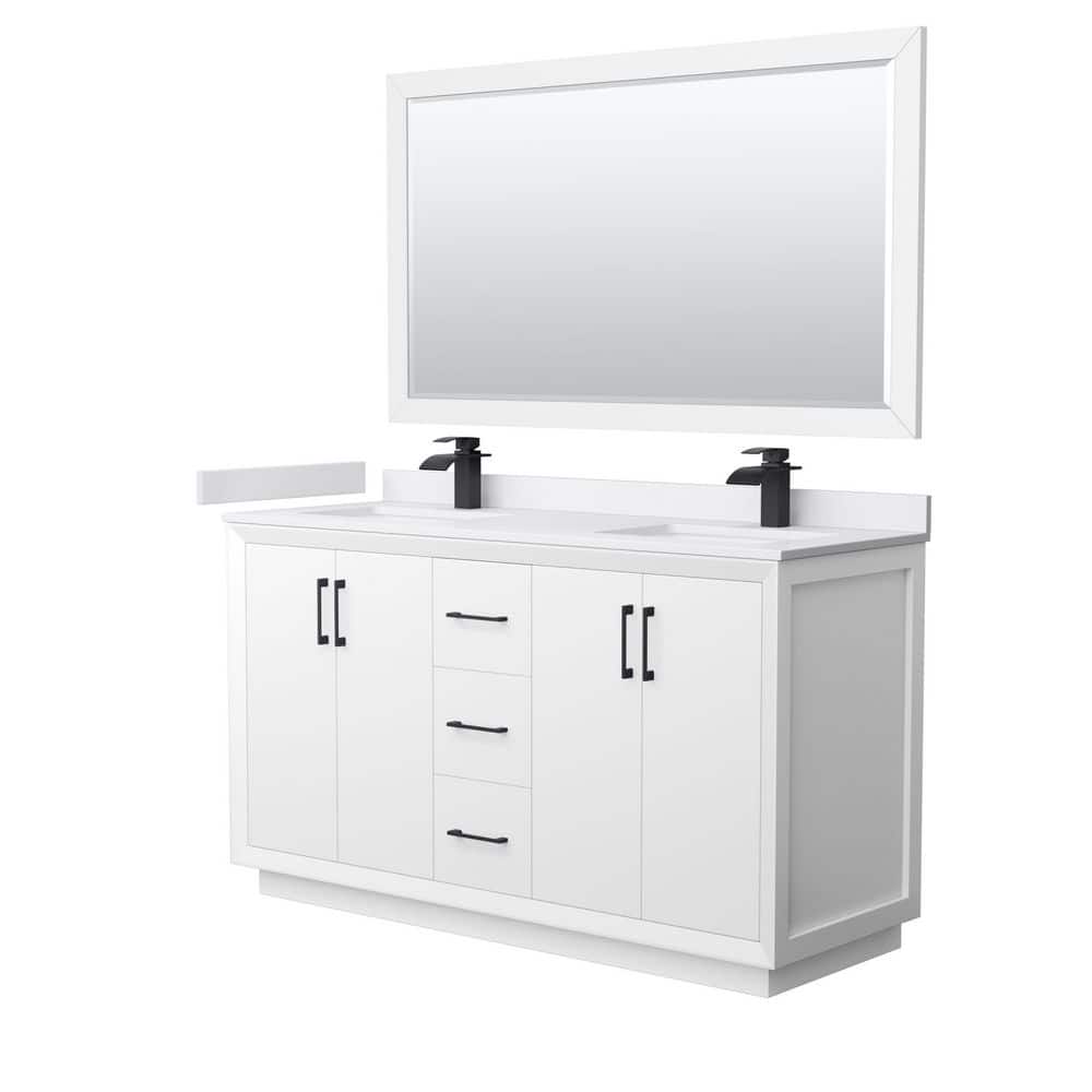 Wyndham Collection Strada 60 in. W x 22 in. D x 35 in. H Double Bath Vanity in White with White Cultured Marble Top and 58 in. Mirror, White with Matte Black Trim -  WCF414160DWBWCUNSM58