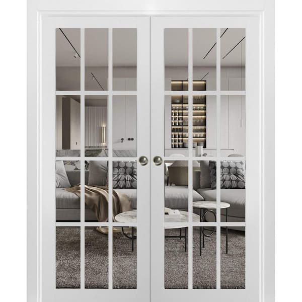 64 in. x 96 in. 1 Panel White Finished Pine Wood Sliding Door with Double Pocket Hardware