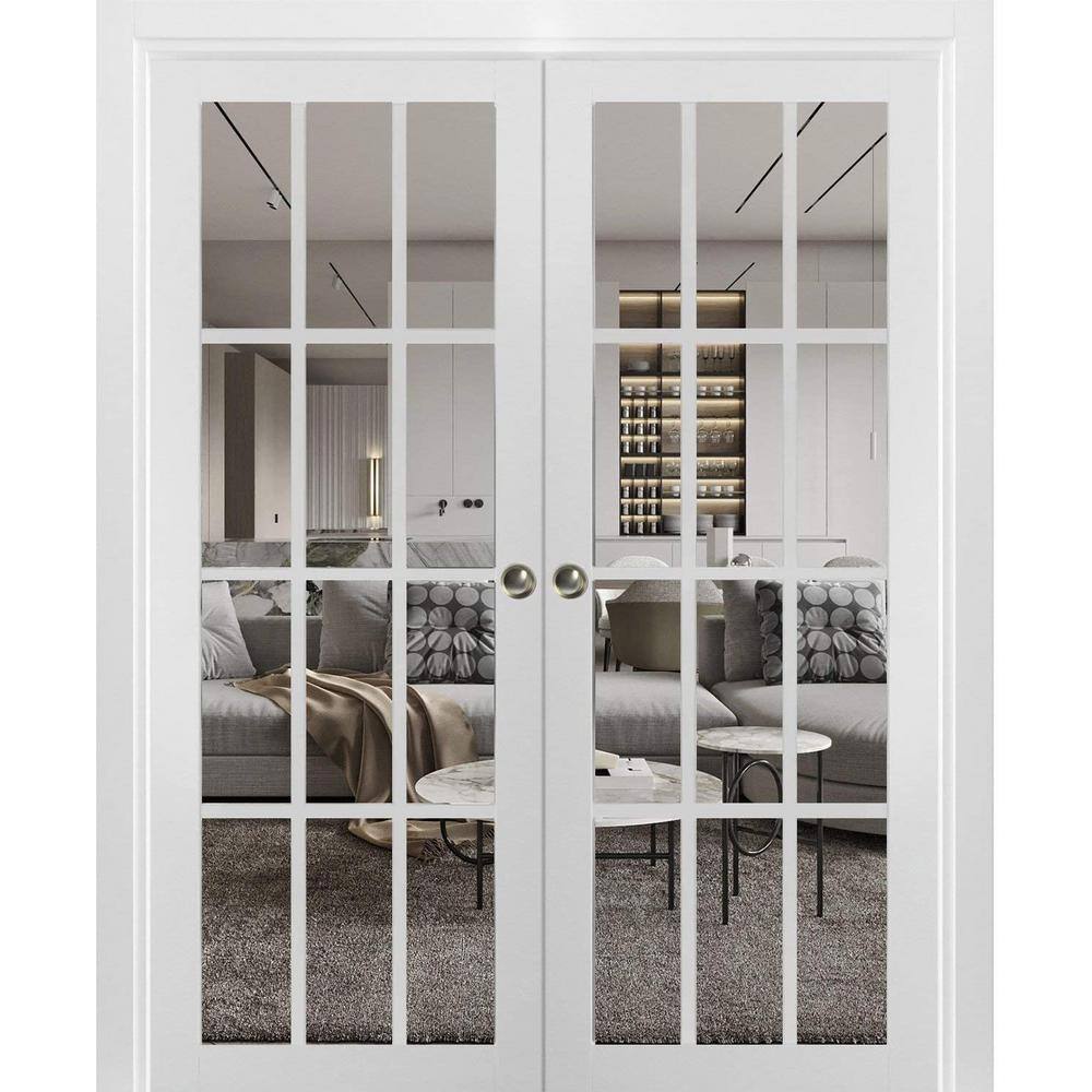 Matte White French Double Pocket Doors with Clear Glass Panels