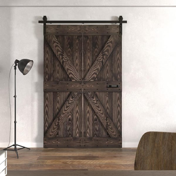 COAST SEQUOIA INC Coast Sequoia 48 in. x 80 in. Embossing Kona Coffee Solid Pine Wood Bi-Fold Barn Door with Sliding Hardware Kit