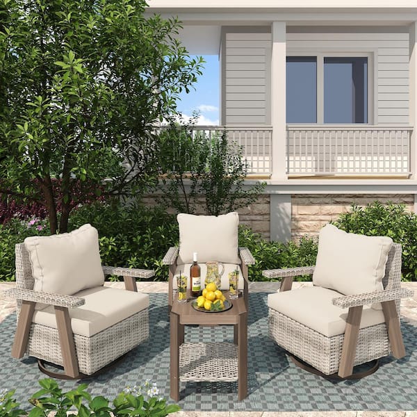 INMITOM 4-Piece Wicker Patio Conversation Set with 360° Swivel Chairs and Beige Cushions, Includes 1 Side Tables