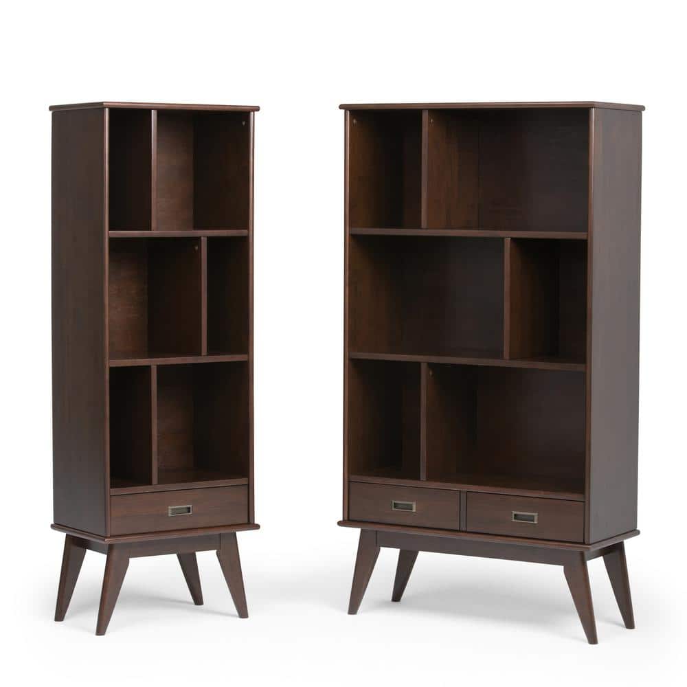 Medium Auburn Brown Solid Hardwood Mid-Century Modern Bookcase with Drawer