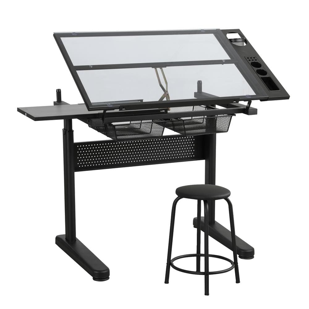 38 in. Black Tempered Glass Top Hand Crank Adjustable Drafting Table ...