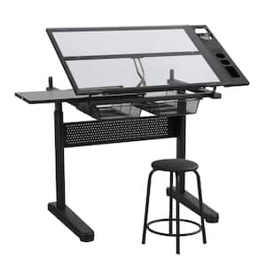 38 in. Black Tempered Glass Top Hand Crank Adjustable Drafting Table Drawing Desk Standing Desk with Stool