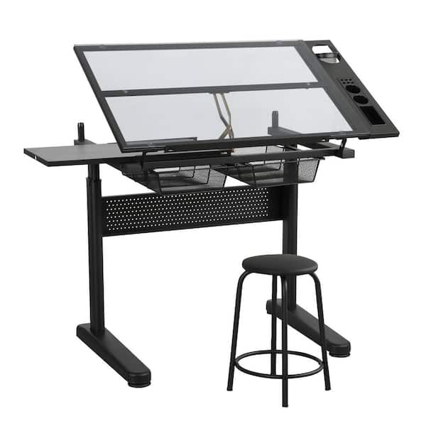 Unbranded 38 in. Black Tempered Glass Top Hand Crank Adjustable Drafting Table Drawing Desk Standing Desk with Stool