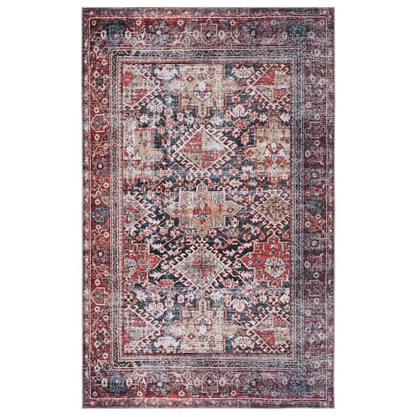 SAFAVIEH Tuscon Navy/Rust Doormat 3 ft. x 5 ft. Machine Washable Geometric Border Area Rug
