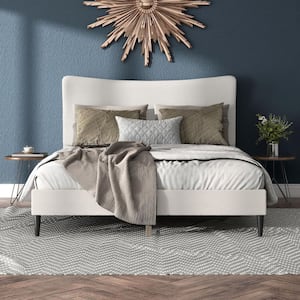 Lumi White Wingback Boucle Fabric Upholstered Wood Frame Queen Platform Bed
