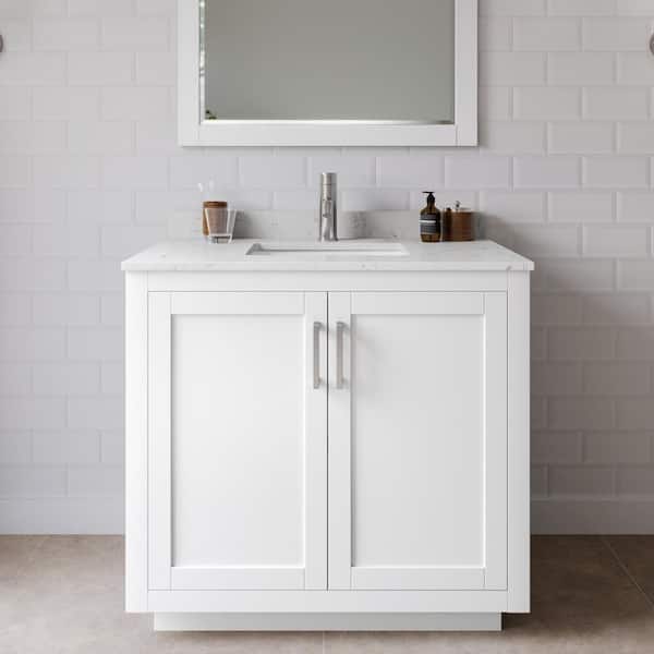 Wyndham Collection Miranda 36 in. W Single Bath Vanity in White with Cultured Marble Vanity Top in LV Carrara with White Basin and Mirror