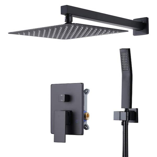 Single Handle 2-Spray Shower Faucet Set 1.8 GPM 10 in. Rain Shower Head and Handheld Spray with Valve in. Matte Black