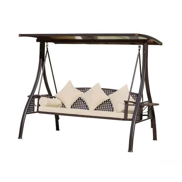 Unbranded 3-Seats Outdoor Metal Porch Swing Patio Swing Chairs with Adjustable Tilt Canopy and Durable Steel Frame