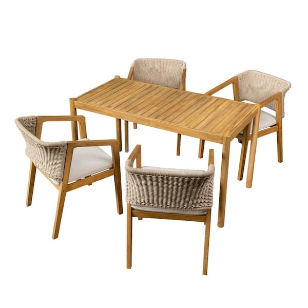 Tenleaf 5-Piece Acacia Wood Outdoor Dining Set with Beige Cushions